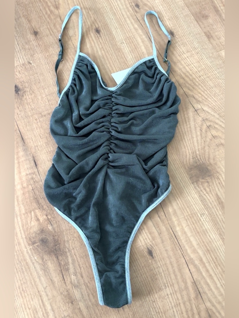 Urban Outfitters Dark Green Mesh Ruched Bodysuit